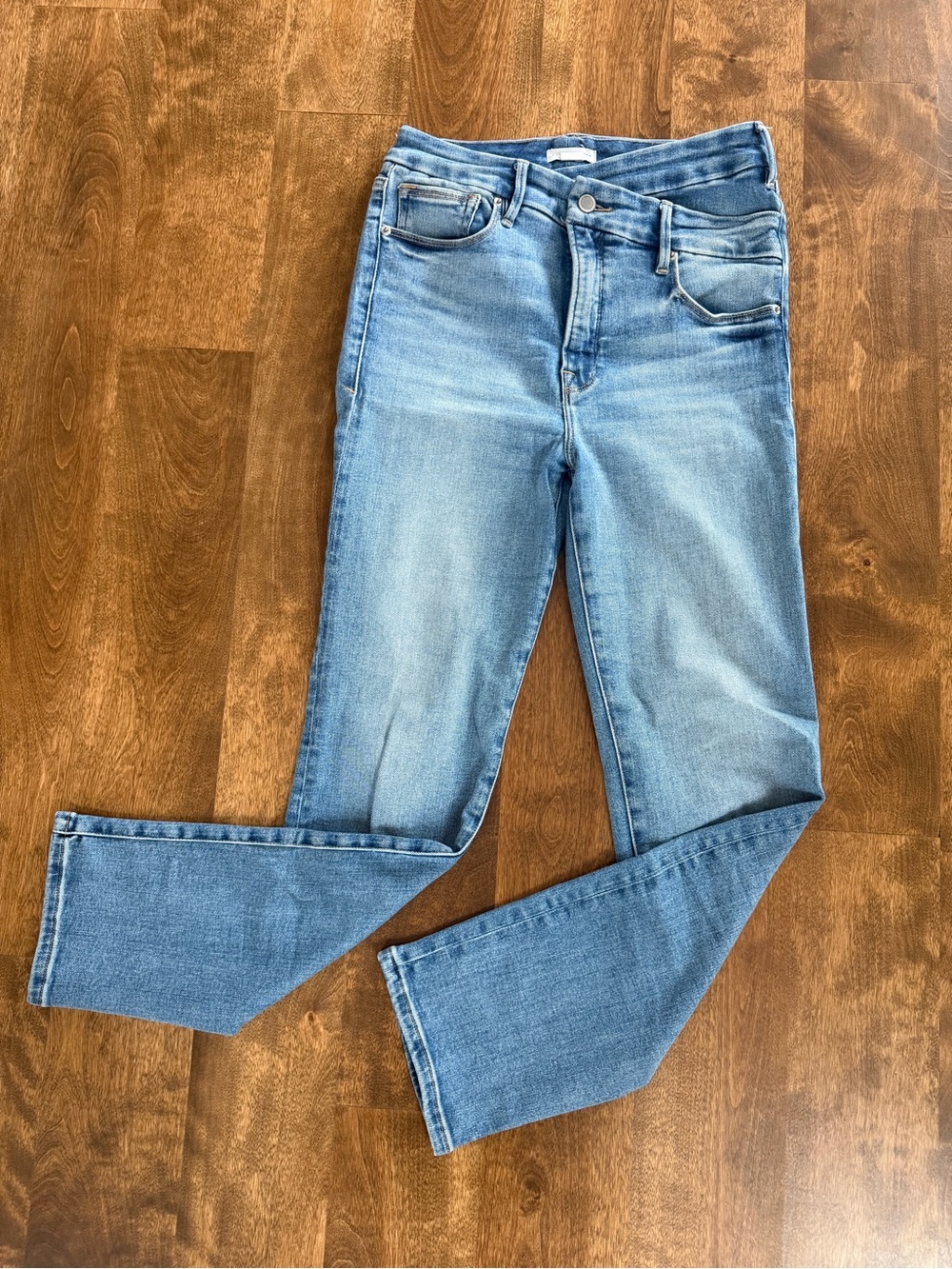 Good American Crossover Waist Asymmetric High Rise Jeans